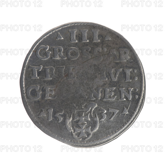Gdansk troika, Sigismund I the Old (King of Poland; 1506–1548). Polish coin, 1537. Obverse: Crowned male bust in profile turned to the right, inscription around the rim: .SIGIS.I.REX.POLO.DO.TO.PRVSS. Reverse: Inscription around the rim in five lines, date separated by a shield with the coat of arms of Gdansk: .III./GROSS:AR/TRIP, VI:/GE, EN:/.15 - 37. Diameter 20.5–21.0 mm; weight 2.61 g.