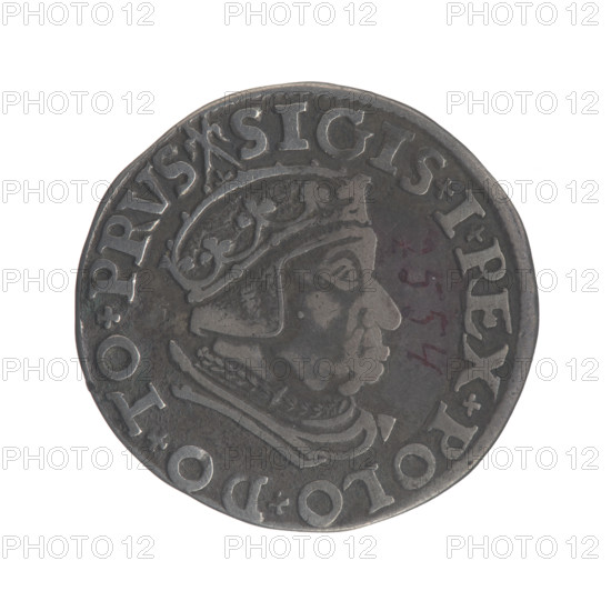 Gdansk trojak, Sigismund I the Old (King of Poland; 1506–1548). Polish coin, 1537. Obverse: Crowned male bust in profile turned to the right, inscription around the rim: .SIGIS.I.REX.POLO.DO.TO.PRVS. Reverse: Inscription around the rim in five lines, date separated by a shield with the coat of arms of Gdansk: .III./GROSS:AR/TRIP:CIVI:/GEDANEN/.15 - 37. Jagiellonian era; royal bust (iconographic); city coat of arms: Gdansk. Diameter 20.6–21.0 mm; weight 2.82 g.