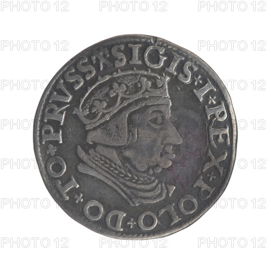 Gdansk trojak, Sigismund I the Old (King of Poland; 1506–1548). Obverse: Crowned male bust in profile turned to the right, inscription around the rim: .SIGIS.I.REX.POLO.DO.TO.PRVSS. Reverse: Inscription around the rim in five lines, date separated by a shield with the coat of arms of Gdansk: .III./GROSS:AR/TRIP:CIVI:/GEDANEN:/.15 - 37. Date: 1537. Poland, Gdansk. Coin (trojak). Diameter 20.8–21.0 mm. Weight 2.57 g. Subject: male royal bust; city coat of arms (Gdansk). Jagiellonian dynasty; iconography of Sigismund I the Old.