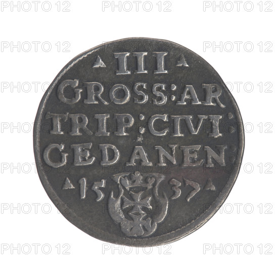 Gdansk trojak, Sigismund I the Old (King of Poland; 1506–1548). Obverse: Crowned male bust in profile turned to the right, inscription around the rim: .SIGIS.I.REX.POLO.DO.TO.PRVSS. Reverse: Inscription around the rim in five lines, date separated by a shield with the coat of arms of Gdansk: .III./GROSS:AR/TRIP:CIVI:/GEDANEN:/.15 - 37. Date: 1537. Poland, Gdansk. Coin (trojak), diameter 20.8–21.0 mm, weight 2.57 g. Subjects: Polish coins; Jagiellonians (dynasty); royal/male busts; city coat of arms (Gdansk).