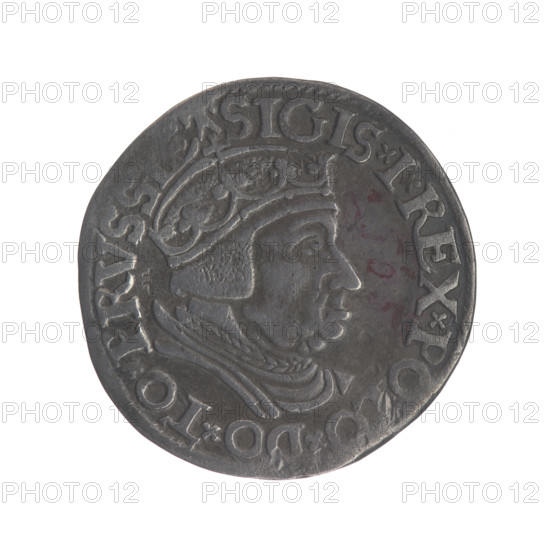 Gdansk troika, Sigismund I the Old (King of Poland; 1506–1548). Obverse: Crowned male bust in profile turned to the right, inscription around the rim: .SIGIS.I.REX.POLO.DO.TO.PRVSSIE. Reverse: Inscription in five lines around the rim, date separated, shield with the coat of arms of Gdansk: .III./GROSS:AR/TRIP:CIVI:/GEDANEN/.15 - 37. 1537. Polish coin; Jagiellonian dynasty; royal male bust; city coat of arms (Gdansk). Diameter 20.0–20.4 mm; weight 2.44 g.