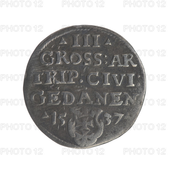 Gdansk troika, Sigismund I the Old (King of Poland; 1506–1548). Obverse: Crowned male bust in profile turned to the right, inscription around the rim: .SIGIS.I.REX.POLO.DO.TO.PRVSSIE. Reverse: Inscription in five lines around the rim, date, separated shield with the coat of arms of Gdansk: .III./GROSS:AR/TRIP:CIVI:/GEDANEN/.15-37. 1537. Polish coin; Jagiellonian dynasty; royal male bust; city coat of arms (Gdansk). Diameter 20.0–20.4 mm; weight 2.44 g.
