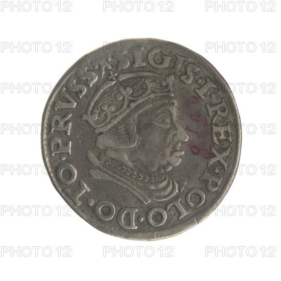 Gdansk trojak, Sigismund I the Old (King of Poland; 1506–1548). Obverse: Crowned male bust in profile turned to the right, inscription around the rim: .SIGIS.I.REX.POLO.DO.TO.PRVSS. Reverse: Inscription around the rim in five lines, date separated by a shield with the coat of arms of Gdansk: .III./GROSS:AR/TRIP:CIVI:/GEDANEN:/.15 - 38. Date: 1538. Place: Gdansk, Poland. Coin; diameter 21.0 mm; weight 2.67 g. Subjects/styles: Polish coins; Jagiellonian dynasty; city coats of arms; Gdansk coat of arms; male/royal bust; Sigismund I iconography.