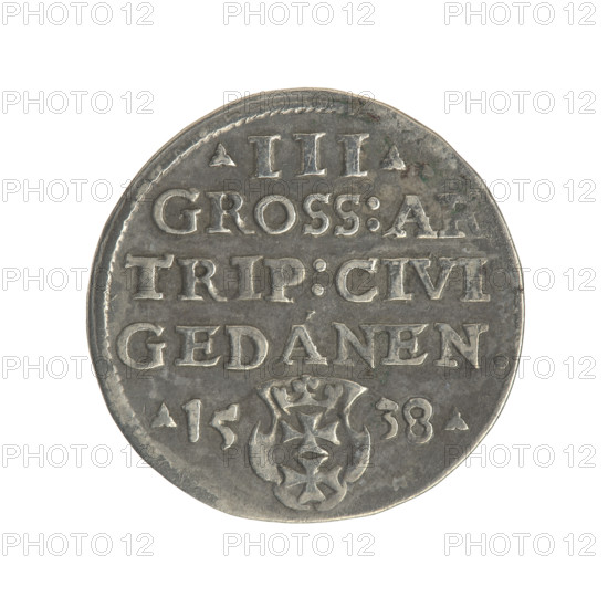 Gdansk trojak, Sigismund I the Old (King of Poland; 1506–1548). Obv.: Crowned male bust in profile turned to the right, inscription around the rim: .SIGIS.I.REX.POLO.DO.TO.PRVSS. Rev.: Inscription around the rim in five lines, date separated by a shield with the coat of arms of Gdansk: .III./GROSS:AR/TRIP:CIVI:/GEDANEN:/.15 - 38. 1538. Gdansk, Poland. Coin; diameter 21.0 mm; weight 2.67 g. Subjects: Polish coins, Jagiellonians (dynasty), city coats of arms, Gdansk (coat of arms), male busts, royal bust, Sigismund I the Old — iconography.