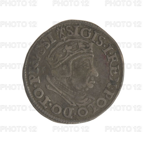 Gdansk trojak, Sigismund I the Old (King of Poland; 1506–1548). Obverse: Crowned male bust in profile turned to the right, inscription around the rim: .SIGIS.I.REX.POLO.DO.TO.PRVSSI. Reverse: Inscription around the rim in five lines, date separated by a shield with the coat of arms of Gdansk: .III./GROSS:AR/TRIP:CIVI:/GEDANEN/.15 - 38. Date: 1538. Poland, Gdansk. Coin (trojak), Jagiellonian period; motifs: city coat of arms (Gdansk), male/royal bust. Diameter: 20.4–21.7 mm. Weight: 2.53 g.
