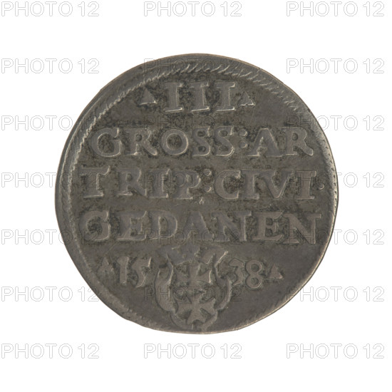 Gdansk trojak, Sigismund I the Old (King of Poland; 1506–1548). Obverse: Crowned male bust in profile turned to the right, inscription around the rim: .SIGIS.I.REX.POLO.DO.TO.PRVSS. Reverse: Inscription around the rim in five lines, date separated by a shield with the coat of arms of Gdansk: .III./GROSS:AR/TRIP:CIVI./GEDANEN/.15 - 38. 1538. Polish, Gdansk; coin. Jagiellonian dynasty; city coat of arms (Gdansk); royal bust; iconography of Sigismund I the Old (1467–1548). Diameter 21.0–21.2 mm; weight 2.44 g.