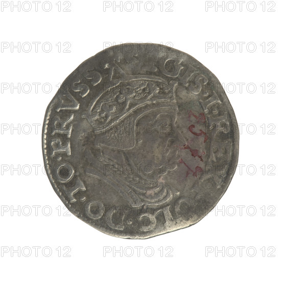 Gdansk troika, Sigismund I the Old (King of Poland; 1506–1548). Obverse: Crowned male bust in profile turned to the right, inscription around the rim: GIS.I.REX.POLO.DO.TO.PRVSS. Reverse: In-rim inscription in five lines, date separated by a shield with the coat of arms of Gdansk: III./GROSS:AR/TRIP:CIVI:/GEDANEN/.15-38. 1538. Polish coin, Jagiellonian dynasty; city coat of arms (Gdansk). Royal male bust; diameter 20.5–20.7 mm; weight 2.65 g.