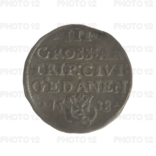 Gdansk troika, Sigismund I the Old (King of Poland; 1506–1548). Obverse: Crowned male bust in profile turned to the right, inscription around the rim: GIS.I.REX.POLO.DO.TO.PRVSS. Reverse: In-rim inscription in five lines, date separated by a shield with the coat of arms of Gdansk: III./GROSS:AR/TRIP:CIVI:/GEDANEN/.15-38. 1538. Polish coin; Jagiellonian period; city coat of arms (Gdansk). Royal male bust; diameter ~20.5–20.7 mm; weight 2.65 g.