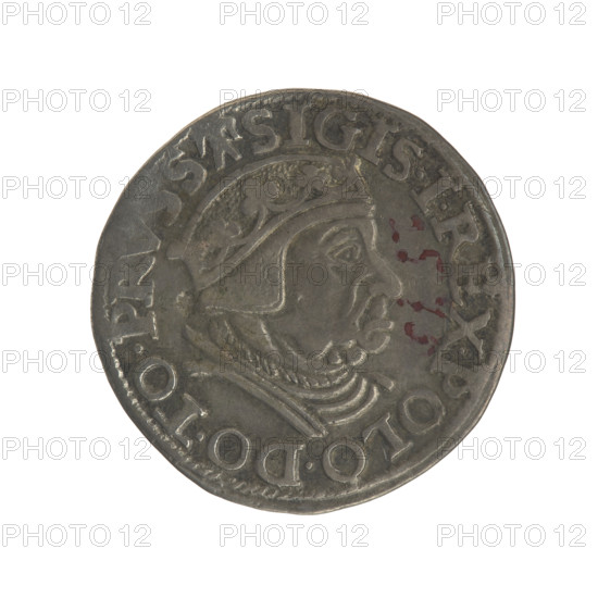 Gdansk troika, Sigismund I the Old (King of Poland; 1506–1548). Obverse: Crowned male bust in profile turned to the right, inscription around the rim: .SIGIS.I.REX.POLO.DO.TO.PR. Reverse: In the rim inscription in five lines, date separated by a shield with the coat of arms of Gdansk: III./GROSS.AR/TRIP.CIVI./GEDANEN/.15 - 38. 1538. Polish coin; Jagiellonian period. Subjects: city coat of arms (Gdansk), male/royal bust; diameter ~20.6–21.0 mm; weight 2.65 g.