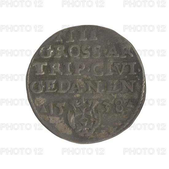 Gdansk troika, Sigismund I the Old (King of Poland; 1506–1548). Obverse: Crowned male bust in profile turned to the right, inscription around the rim: .SIGIS.I.REX.POLO.DO.TO.PR, SS. Reverse: In the rim inscription in five lines, date separated by a shield with the coat of arms of Gdansk: III./GROSS.AR/TRIP.CIVI./GEDANEN/.15 - 38. Date: 1538. Poland, Gdansk. Coin; diameter 20.6–21.0 mm; weight 2.65 g. Jagiellonians dynasty; city coat of arms (Gdansk); royal/male bust; iconography of Sigismund I the Old.