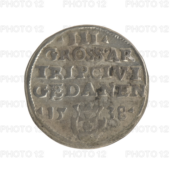 Gdansk trojak, Sigismund I the Old (King of Poland; 1506–1548). Obv.: Crowned male bust in profile turned to the right, inscription around the rim: .SIGIS.I.REX.POLO.DO.TO.PRVS. Rev.: Inscription around the rim in five lines, date separated by a shield with the coat of arms of Gdansk: III./GROSS.AR/TRIP.CIVI/G, DANEN:/.15 - 38., 1538. Polish coin, Jagiellon dynasty; city coat of arms of Gdansk; royal bust. Coin: diameter 21.0–21.3 mm, weight 2.6 g.