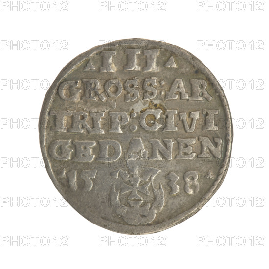 Gdansk trojak, Sigismund I the Old (King of Poland; 1506–1548). Obverse: Crowned male bust in profile turned to the right, inscription around the rim: .SIGIS.I.REX.POLO.D,T,PRVS. Reverse: W inscription in five lines around the rim, date separated by a shield with the coat of arms of Gdansk: III./GROSS:AR/TRIP:CIVI/GEDANEN/.15 - 38. 1538. Poland, Gdansk. Coin, Jagiellonian dynasty; city coat of arms (Gdansk); royal bust; diameter 21.0–21.3 mm; weight 2.56 g.