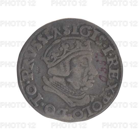 Gdansk troika, Sigismund I the Old (King of Poland; 1506–1548). Polish coin, 1538. Obverse: Crowned male bust in profile turned to the right, inscription around the rim: .SIGIS.I.REX.POLO.DO.TO.PRVSSI. Reverse: Inscription around the rim in five lines, date separated by a shield with the coat of arms of Gdansk: .III./GROSS:AR/TRIP:CIVI:/GEDANEN:/.15 - 38. Jagiellonians (dynasty); royal bust; city coat of arms (Gdansk). Diameter 20.4–21.0 mm; weight 2.52 g.