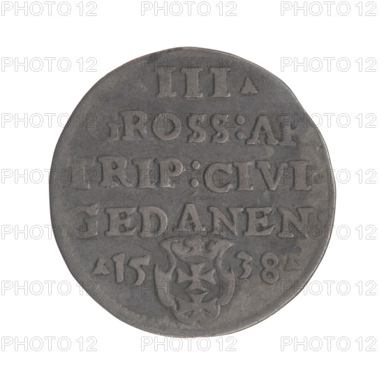 Gdansk troika, Sigismund I the Old (King of Poland; 1506–1548). Polish coin, Jagiellonian dynasty. Obverse: Crowned male bust in profile turned to the right, inscription around the rim: .SIGIS.I.REX.POLO.DO.TO.PRVSSI. Reverse: Inscription around the rim in five lines, date separated by a shield with the coat of arms of Gdansk: .III./GROSS:AR/TRIP:CIVI:/GEDANEN:/.15 - 38. 1538. City coat of arms: Gdansk. Diameter 20.4–21.0 mm; weight 2.52 g.