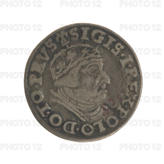 Gdansk troika, Sigismund I the Old (King of Poland; 1506–1548). Polish coin, 1539. Obverse: Crowned male bust in profile turned to the right, inscription around the rim: .SIGIS.I.REX.POLO.DO.TO.PRVS. Reverse: Inscription in five lines around the rim, date separated by a shield with the coat of arms of Gdansk: .III./GROSS.AR/TRIP:CIVI./GEDANEN/.15-39. Jagiellon dynasty; city coat of arms (Gdansk); royal bust. Diameter 21.2–21.3 mm; weight 2.5 g.
