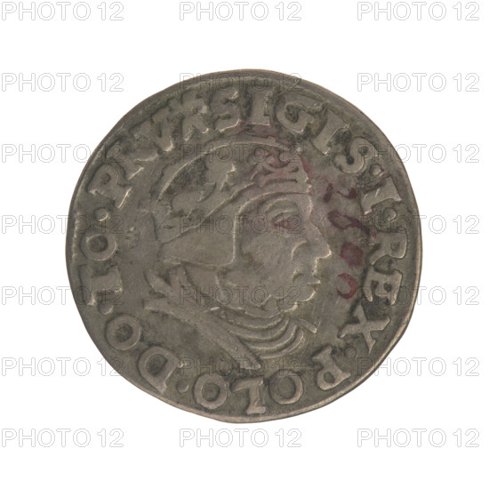 Gdansk troika, Sigismund I the Old (King of Poland; 1506–1548), Polish coin, Jagiellon dynasty, city coat of arms of Gdansk, male/royal bust (iconography), Sigismund I the Old (1467–1548) — iconography. Obverse: Crowned male bust in profile turned to the right, inscription around the rim: .SIGIS.I.REX.POLO.DO.TO.PRV. Reverse: Inscription in five lines around the rim, date separated by a shield with the coat of arms of Gdansk: .III./GROSS:AR/TRI, CIVI/GED, EN/.15 - 39. Date: 1539. Poland, Gdansk. Coin. Diameter 21.0–21.4 mm. Weight 2.59 g.