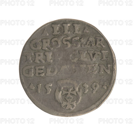 Gdansk troika, Sigismund I the Old (King of Poland; 1506–1548). Obverse: Crowned male bust in profile turned to the right, inscription around the rim: .SIGIS.I.REX.POLO.DO.TO.PRV. Reverse: Inscription in five lines around the rim, date separated by a shield with the coat of arms of Gdansk: .III./GROSS:AR/TRI, CIVI/GED, EN/.15 - 39. Date: 1539. Poland, Gdansk. Coin. Diameter 21.0–21.4 mm. Weight 2.59 g. Subjects: Polish coins; Jagiellon dynasty; city coats of arms; Gdansk coat of arms; male and royal busts; Sigismund I the Old—iconography.