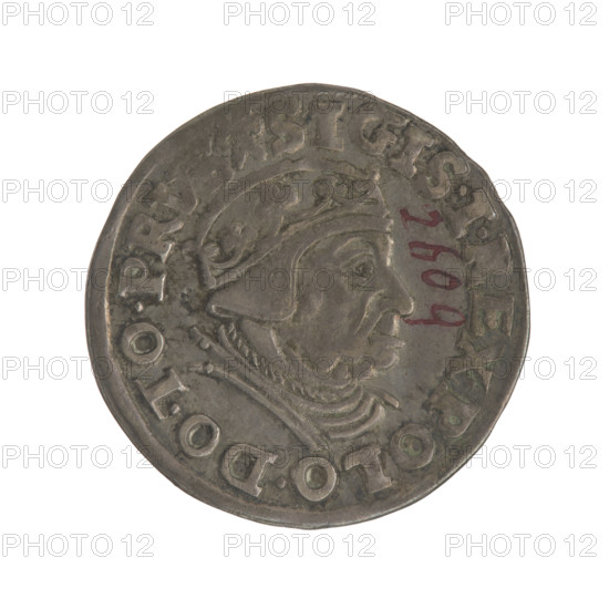 Gdansk trojak, Sigismund I the Old (King of Poland; 1506–1548). Jagiellon dynasty; city coat of arms of Gdansk. Obverse: crowned male bust in profile facing right, inscription around rim: .SIGIS.I.REX.POLO.DO.TO.PRVS. Reverse: inscription around rim in five lines, date separated by a shield with the coat of arms of Gdansk: .III./GROSS.AR/TRIP:CIVI/GEDANEN/.15-39. 1539. Poland, Gdansk; coin. Diameter 21.4–21.6 mm; weight 2.55 g.