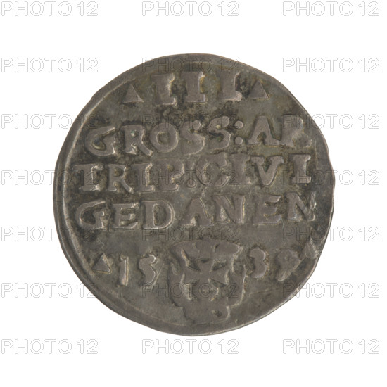 Gdansk trojak, Sigismund I the Old (King of Poland; 1506–1548). Obverse: crowned male bust in profile turned to the right, inscription around the rim: .SIGIS.I.REX.POLO.DO.TO.PRVS. Reverse: inscription around the rim in five lines, date separated by a shield with the coat of arms of Gdansk: .III./GROSS.AR/TRIP:CIVI/GEDANEN/.15 - 39., 1539. Polish coin; Jagiellon dynasty; city coat of arms (Gdansk); royal bust; diameter 21.4–21.6 mm; weight 2.55 g.