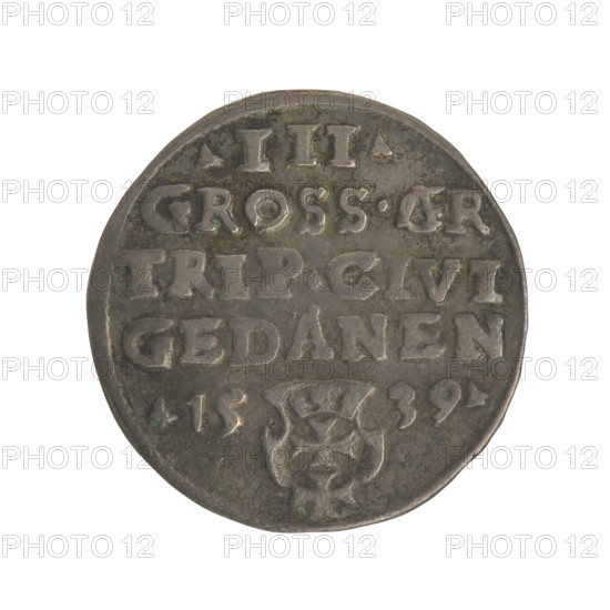 Gdansk trojak, Sigismund I the Old (King of Poland; 1506–1548). Obverse: Crowned male bust in profile turned to the right, inscription around the rim: .SIGIS.I.REX.POLO.DO.TO.PRVS. Reverse: Inscription around the rim in five lines, date separated by a shield with the coat of arms of Gdansk: .III./GROSS.AR./TRIP:CIVI/GEDANEN/.15 - 39. Date: 1539. Type: coin; city coat of arms (Gdansk), Jagiellon dynasty; royal bust; male bust; iconography of Sigismund I the Old (1467–1548). Place: Gdansk, Poland. Diameter: 21.0–21.3 mm. Weight: 2.61 g.