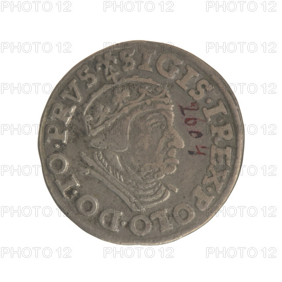 Gdansk trojak, Sigismund I the Old (King of Poland; 1506–1548). Polish coin, 1539. Obverse: Crowned male bust in profile turned to the right, inscription around the rim: .SIGIS.I.REX.POLO.DO.TO.PRVS. Reverse: Inscription around the rim in five lines, date separated by a shield with the coat of arms of Gdansk: .III./GROSS.AR./TRIP:CIVI/GEDANEN/.15 - 39. Jagiellons (dynasty). City coat of arms: Gdansk. Royal bust, male bust. Gdansk, Poland. Diameter 21.3–21.7 mm. Weight 2.6 g.