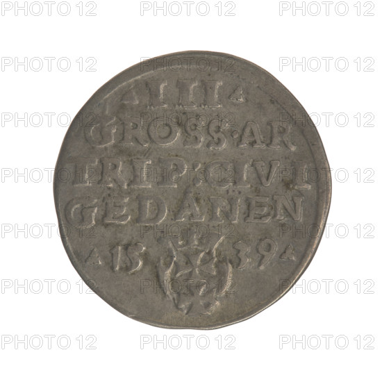 Gdansk trojak, Sigismund I the Old (King of Poland; 1506–1548). Obverse: crowned male bust in profile to the right, inscription around the rim: .SIGIS.I.REX.POLO.DO.TO.PRVS. Reverse: inscription around the rim in five lines, date separated by a shield with the coat of arms of Gdansk: .III./GROSS.AR./TRIP:CIVI/GEDANEN/.15 - 39. 1539. Polish coin (Jagiellon dynasty), city coat of arms (Gdansk), royal bust. Diameter 21.3–21.7 mm; weight 2.6 g.