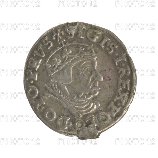 Gdansk troika, Sigismund I the Old (King of Poland; 1506–1548). Polish coin (Gdansk), Jagiellon dynasty. Obverse: Crowned male bust in profile turned to the right, inscription around the rim: .SIGIS.I.REX.POLO.DO.TO.PRVS. Reverse: Inscription in five lines around the rim, date separated by a shield with the coat of arms of Gdansk: .III./GROSS.AR/TRIP:CIVI./GEDANEN/.15 - 39. 1539. Materials/measurements: coin, diameter 20.6–22.0 mm, weight 2.49 g.