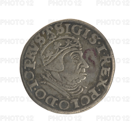 Gdansk trojak, Sigismund I the Old (King of Poland; 1506–1548). Obv.: Crowned male bust in profile turned to the right, inscription around the rim: .SIGIS.I.REX.POLO.DO.TO.PRVS. Rev.: Inscription around the rim in five lines, date separated by a shield with the coat of arms of Gdansk: .III./GROSS.AR./TRIP:CIVI./GEDANEN/.15 - 39. 1539. Poland, Gdansk. Coin, Jagiellon dynasty; city coat of arms (Gdansk); male royal bust; diameter 21.0–21.3 mm; weight 2.55 g.