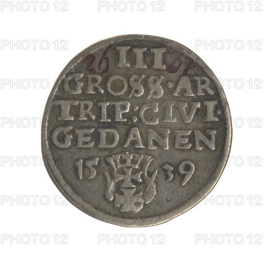 Gdansk trojak, Sigismund I the Old (King of Poland; 1506–1548). Obv.: Crowned male bust in profile turned to the right, inscription around the rim: .SIGIS.I.REX.POLO.DO.TO.PRVS. Rev.: Inscription around the rim in five lines, date separated by a shield with the coat of arms of Gdansk: .III./GROSS.AR./TRIP:CIVI./GEDANEN/.15 - 39. 1539. Poland, Gdansk. Coin (trojak), Jagiellon dynasty; city coat of arms (Gdansk); royal bust; diameter 21.0–21.3 mm; weight 2.55 g.