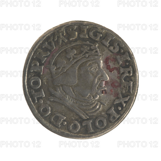 Gdansk troika, Sigismund I the Old (King of Poland; 1506–1548). Obverse: Crowned male bust in profile turned to the right, inscription around the rim: .SIGIS.I.REX.POLO.DO.TO.PRV. Reverse: Inscription in five letters around the rim lines, date separated by a shield with the coat of arms of Gdansk: .III./, ROSS.AR/, RIP, CIVI/GEDANEN/.15 - 39. Date: 1539. Poland, Gdansk. Coin. Diameter 21.0–21.5 mm. Weight 2.75 g. Subjects/themes: Polish coins; Jagiellons (dynasty); city coats of arms; Gdansk (coat of arms); male busts; royal bust; Sigismund I the Old — iconography.