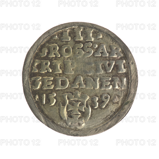 Gdansk troika, Sigismund I the Old (King of Poland; 1506–1548). Obverse: Crowned male bust in profile turned to the right, inscription around the rim: .SIGIS.I.REX.POLO.DO.TO.PRV. Reverse: Inscription in five lines around the rim, date separated by a shield with the coat of arms of Gdansk: .III./ ROSS.AR/ RIP CIVI/GEDANEN/.15-39. 1539. Polish coin, Jagiellons dynasty; city coat of arms (Gdansk), royal/male bust iconography. Diameter 21.0–21.5 mm; weight 2.75 g.