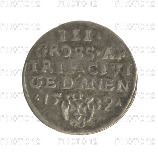 Gdansk trojak, Sigismund I the Old (King of Poland; 1506–1548). Polish coin, 1539. Obverse: crowned male bust in profile turned to the right, inscription around the rim: .SIGIS.I.REX.POLO.DO.TO.PR. Reverse: inscription around the rim in five lines, date separated by a shield with the coat of arms of Gdansk: III./GROSS.AR/TRI/.CIVI/GEDANEN/.15-39. Jagiellon dynasty; city coat of arms (Gdansk); royal/male bust iconography. Diameter c. 21.2–21.4 mm; weight 2.57 g.