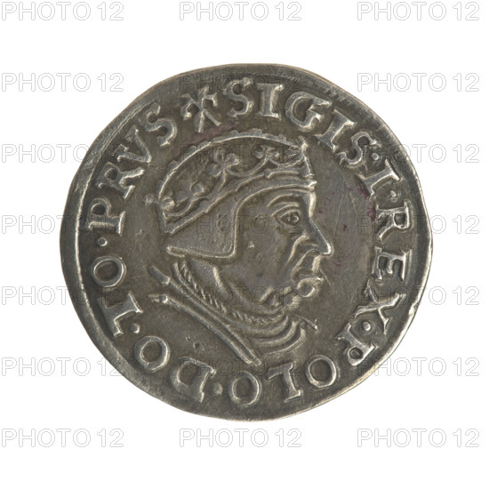 Gdansk trojak, Sigismund I the Old (King of Poland; 1506–1548). Obverse: crowned male bust in profile turned to the right, inscription around the rim: .SIGIS.I.REX.POLO.DO.TO.PRVS. Reverse: inscription around the rim in five lines, date separated by a shield with the coat of arms of Gdansk: .III./GROSS.AR/TRIP:CIVI/GEDANEN/.15-39. 1539. Poland, Gdansk. Coin (trojak), Jagiellon dynasty; city coat of arms (Gdansk); royal male bust; diameter 21.5–22.4 mm; weight 2.56 g.