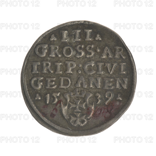 Gdansk trojak, Sigismund I the Old (King of Poland; 1506–1548). Obverse: Crowned male bust in profile turned to the right, inscription around the rim: .SIGIS.I.REX.POLO.DO.TO.PRVS. Reverse: Inscription around the rim in five lines, date separated by a shield with the coat of arms of Gdansk: .III./GROSS.AR/TRIP:CIVI/GEDANEN/.15 - 39. 1539. Poland, Gdansk. Coin. Jagiellons (dynasty); city coats of arms; Gdansk (coat of arms); male/royal bust; iconography of Sigismund I the Old. Diameter 21.5–22.4 mm; weight 2.56 g.