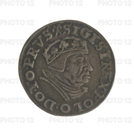 Gdansk trojak, Sigismund I the Old (King of Poland; 1506–1548). Jagiellons (dynasty). Obv.: Crowned male bust in profile turned to the right, inscription around the rim: .SIGIS.I.REX.POLO.DO.TO.PRVS. Rev.: Inscription around the rim in five lines, date separated by a shield with the coat of arms of Gdansk: .III./GROSS.AR./TRIP:CIVI./GEDANEN/.15 - 39. 1539. Poland, Gdansk. Coin; diameter 21.0–21.3 mm; weight 2.62 g. Subjects: Polish coins, city coats of arms, Gdansk (coat of arms), male busts, royal bust, Sigismund I the Old — iconography.