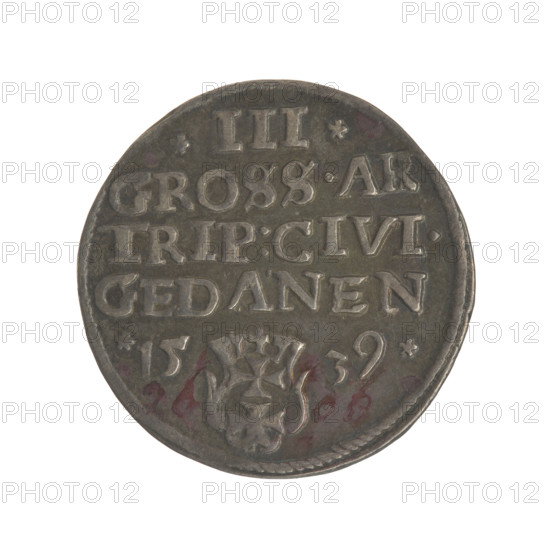 Gdansk trojak, Sigismund I the Old (King of Poland; 1506–1548). Obverse: crowned male bust in profile turned to the right, inscription around the rim: .SIGIS.I.REX.POLO.DO.TO.PRVS. Reverse: inscription around the rim in five lines, date separated by a shield with the coat of arms of Gdansk: .III./GROSS.AR./TRIP:CIVI./GEDANEN/.15 - 39. 1539. Poland, Gdansk. Coin; Jagiellon dynasty; city coat of arms (Gdansk); royal bust. Diameter 21.0–21.3 mm; weight 2.62 g.