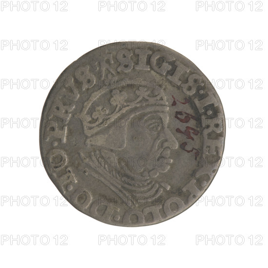 Gdansk trojak, Sigismund I the Old (King of Poland; 1506–1548). Obverse: crowned male bust in profile turned to the right, inscription around the rim: .SIGIS.I.REX.POLO.DO.TO.PRVS. Reverse: inscription around the rim in five lines, date separated by a shield with the coat of arms of Gdansk: .III./GROSS.AR/TRIP:CIVI/GEDANEN/.15 - 40. 1540. Poland, Gdansk. Coin (trojak), Jagiellon period; city coat of arms (Gdansk); royal bust iconography. Diameter 20.3–20.5 mm; weight 2.5 g.