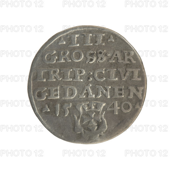 Gdansk trojak, Sigismund I the Old (King of Poland; 1506–1548). Obv.: Crowned male bust in profile turned to the right, inscription around the rim: .SIGIS.I.REX.POLO.DO.TO.PRVS. Rev.: Inscription around the rim in five lines, date separated by a shield with the coat of arms of Gdansk: .III./GROSS.AR/TRIP:CIVI/GEDANEN/.15 - 40. 1540. Poland, Gdansk. Coin; diameter 20.3–20.5 mm; weight 2.5 g. Subjects: Polish coins; Jagiellons (dynasty); city coats of arms; Gdansk (coat of arms); male busts; royal bust; Sigismund I the Old — iconography.