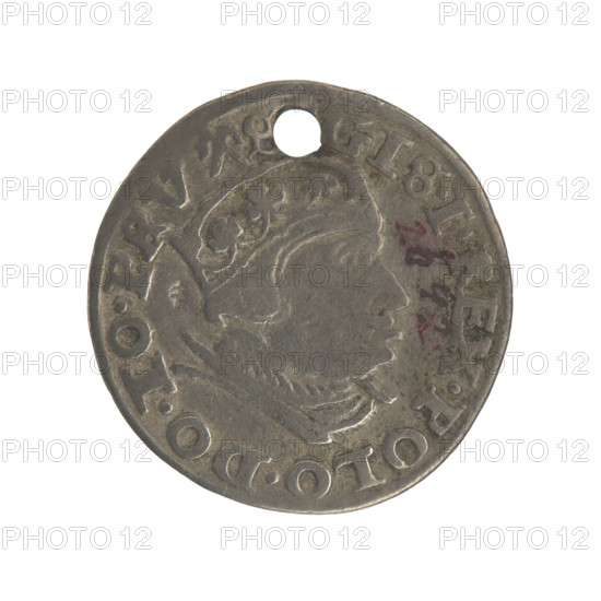 Gdansk troika, Sigismund I the Old (King of Poland; 1506–1548). Polish coin (Gdansk), 1540. Obverse: Crowned male bust in profile turned to the right, inscription around the rim: GIS.I.REX.POLO.DO.TO.PRV. Reverse: In the rim inscription in five lines, date separated by a shield with the coat of arms of Gdansk: II ./GROSS.AR./TRIP:CIVI/GEDANEN/.15 - 40. Diameter 21.0–21.3 mm; weight 2.52 g. Jagiellon dynasty; city coat of arms (Gdansk); royal/male bust iconography.