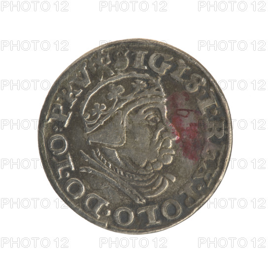 Gdansk trojak, Sigismund I the Old (King of Poland; 1506–1548). Polish coin, Jagiellon dynasty. Obverse: Crowned male bust in profile turned to the right, inscription around the rim: .SIGIS.I.REX.POLO.DO.TO.PRV. Reverse: Inscription in five lines around the rim, date separated by a shield with the coat of arms of Gdansk: .III./GROSS.A, /TRIP:CIV, /GEDANEN/.15 - 40. 1540. Gdansk. Diameter 21.0–21.2 mm; weight 2.67 g.