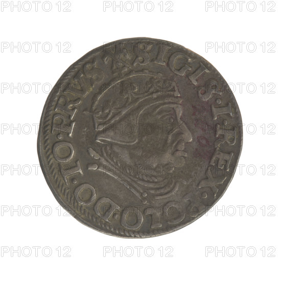 Gdansk trojak, Sigismund I the Old (King of Poland; 1506–1548). Obverse: Crowned male bust in profile facing right, inscription around the rim: .SIGIS.I.REX.POLO.DO.TO.PRVS. Reverse: Inscription around the rim in five lines, date separated by a shield with the coat of arms of Gdansk: III./GROSS.AR./TRIP:CIVI./GEDANEN/.15 - 39., 1539. Polish coin; Jagiellon dynasty; city coat of arms of Gdansk; royal bust; diameter c. 20.8–21.6 mm; weight 2.6 g.