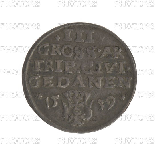Gdansk trojak, Sigismund I the Old (King of Poland; 1506–1548). Obv.: Crowned male bust in profile turned to the right, inscription around the rim: .SIGIS.I.REX.POLO.DO.TO.PRVS. Rev.: Inscription around the rim in five lines, date separated by a shield with the coat of arms of Gdansk: III./GROSS.AR./TRIP:CIVI./GEDANEN/.15 - 39. 1539. Polish coin; Jagiellon dynasty; city coat of arms of Gdansk; royal male bust iconography. Diameter 20.8–21.6 mm; weight 2.6 g.