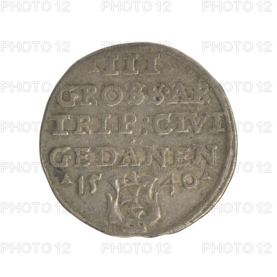 Gdansk trojak, Sigismund I the Old (King of Poland; 1506–1548). Obv.: Crowned male bust in profile turned to the right, inscription in the rim: .SIGIS.I.REX.POLO.DO.TO.PRVS. Rev.: Inscription in five lines in the rim, date separated by a shield with the coat of arms of Gdansk: .III./GROSS.AR/TRIP:CIVI/GEDANEN/.15 - 40. 1540. Poland, Gdansk. Coin (trojak), Jagiellon dynasty; city coat of arms (Gdansk); royal bust; iconography of Sigismund I the Old. Diameter 20.7–21.4 mm; weight 2.57 g.