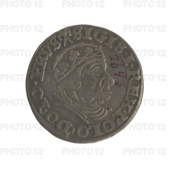 Gdansk trojak, Sigismund I the Old (King of Poland; 1506–1548). Obverse: Crowned male bust in profile turned to the right, inscription around the rim: .SIGIS.I.REX.POLO.DO.TO.PRVS. Reverse: Inscription around the rim in five lines, date separated by a shield with the coat of arms of Gdansk: .III./GROSS.AR/TRIP:CIVI/GEDANEN/.15 - 40. Date: 1540. Place: Gdansk, Poland. Coin. Diameter 20.4–20.6 mm. Weight 2.57 g. Subjects/attributes: Polish coins; Jagiellonians (dynasty); city coats of arms; Gdansk (coat of arms); male/royal bust; Sigismund I the Old — iconography.