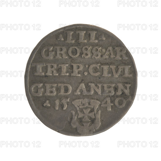 Gdansk trojak, Sigismund I the Old (King of Poland; 1506–1548). Obverse: Crowned male bust in profile turned to the right, inscription around the rim: .SIGIS.I.REX.POLO.DO.TO.PRVS. Reverse: Inscription around the rim in five lines, date separated by a shield with the coat of arms of Gdansk: .III./GROSS.AR/TRIP:CIVI/GEDANEN/.15 - 40. Date: 1540. Place: Gdansk, Poland. Medium: coin. Diameter: 20.4–20.6 mm. Weight: 2.57 g. Subjects/keywords: Polish coins; Jagiellonians (dynasty); city coats of arms; Gdansk (coat of arms); male busts; royal bust (iconographic); Sigismund I the Old — iconography.