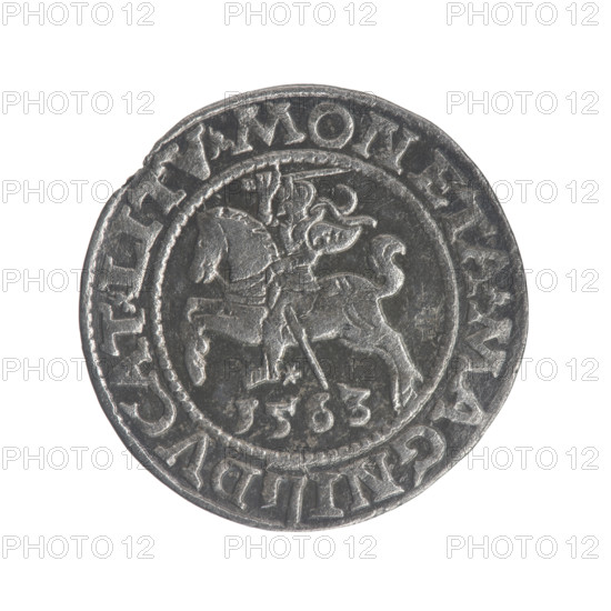 Lithuanian half-grosz, Sigismund II Augustus (King of Poland; 1544–1572). Obverse: Polish eagle; in the rim between pearl borders the inscription '.SIGIS.AVG.REX.PO.MAG.DVX.L'. Reverse: Pogon (Lithuanian knight), below the year '1563'; in the rim between the pearl borders an inscription divided by the Axe coat of arms: '.MONETA.MAGNI - DVCAT.LITV'. Date: 1563. Place: Grand Duchy of Lithuania, Vilnius, Poland. Coin; diameter 18.7–19.0 mm; weight 1.05 g. Emblems: Jagiellons dynasty, eagles, Pogon. Maker: Tarlo, Gabriel (ca. 1486–1565).