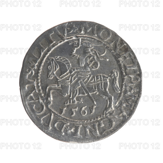 Lithuanian half-grosz, Sigismund II Augustus (King of Poland; 1544–1572). Obverse: Polish Eagle; in the rim between pearly borders an inscription: .SIGIS.AVG.REX.PO.MAG.DVX.L. Reverse: Lithuanian Pogon, below the year 1561; in the rim between pearly borders inscription: .MONETA.MAGNI.DVCA.9.LITV.1561. Grand Duchy of Lithuania, Vilnius. Coin (Poland), diameter 19.3–19.5 mm, weight 1.26 g.