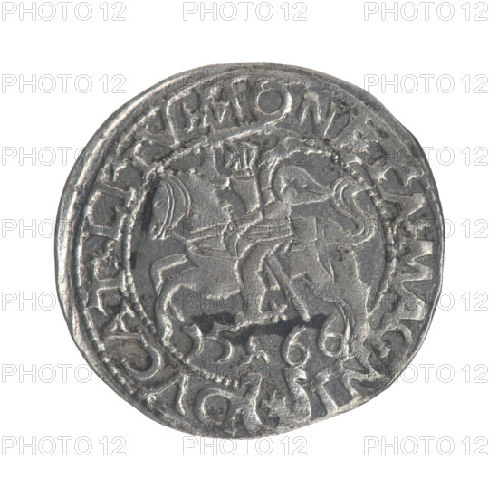 Lithuanian half-grosz, Sigismund II Augustus (King of Poland; 1544–1572); obverse: Polish Eagle with rim inscription .SIGIS.AVG.DGREX.POLO.MDL; reverse: Lithuanian Pogon (Pursuit) with year 1566 (below: 15-66) and rim inscription divided by the Jastrzebiec coat of arms .MONETA.MAGNI - DVCAT.LITV; coats of arms Jagiellonians, eagles; Grand Duchy of Lithuania, Tykocin, Poland; coin; diameter 19.5–20.5 mm; weight 1.12 g.