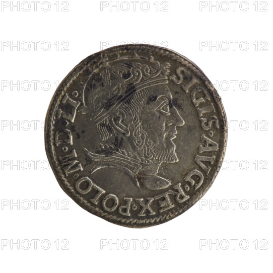 Lithuanian troika; Sigismund II Augustus (King of Poland; 1520–1572) - iconography; male busts; coats of arms; Jagiellonians (dynasty); Polish coin; Pogon (coat of arms; Lithuania). Obverse: crowned male bust in armour turned right, separating the rim inscription at top: SIGIS.AVG.REX.POLO.MDLI. Reverse: value number III with inscription in three lines: .GROSS., R./.TRIPL.MAG./.DVCA.LITV.; below the Lithuanian Chase divides the year 15-46 (1546). Mint: Vilnius, Grand Duchy of Lithuania. Coin; diameter 21.6–22.0 mm; weight 2.72 g.