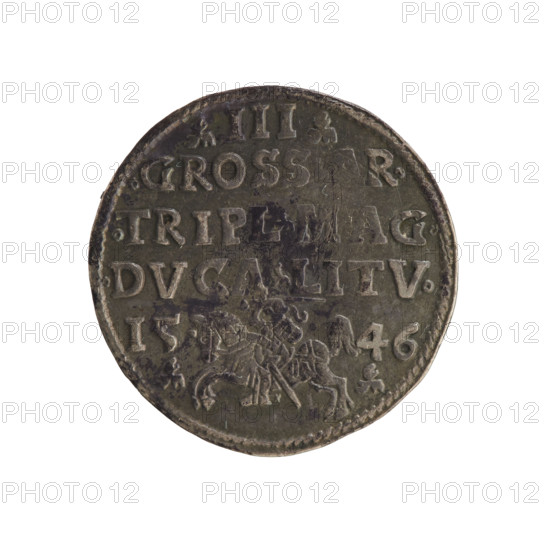 Lithuanian troika, Sigismund II Augustus (King of Poland; 1520–1572). Obverse: Crowned male bust in armour turned right, separating the rim inscription at the top: SIGIS.AVG.REX.POLO.MDLI. Reverse: Value number III under which the inscription in three lines: .GROSS., R./.TRIPL.MAG./.DVCA.LITV.; below the Lithuanian Pogon (Chase) divides the year 15-46 (1546). Coats of arms, Jagiellonians (dynasty). Polish coin struck in Vilnius, Grand Duchy of Lithuania. Diameter 21.6–22.0 mm; weight 2.72 g.